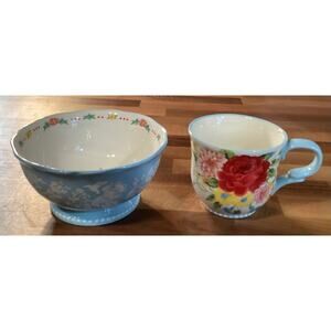 Pioneer Woman Footed Sweet Rose 6.25” Cereal Soup Bowl & Coffee Cup Mug